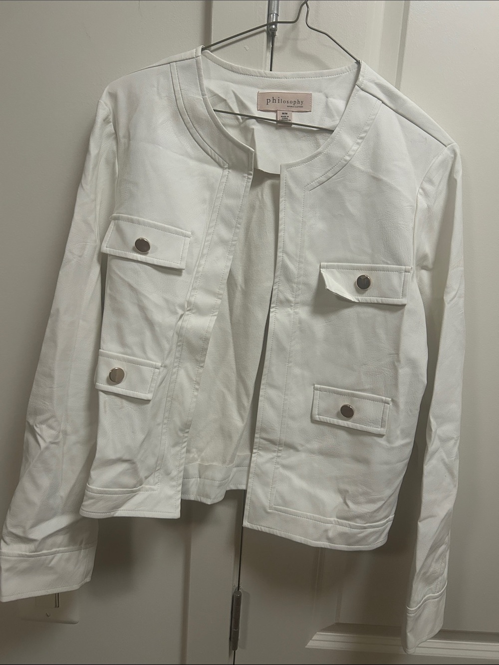 Philosophy Crisp White Leather Collarless Gold Button-Front Pocket Jacket M